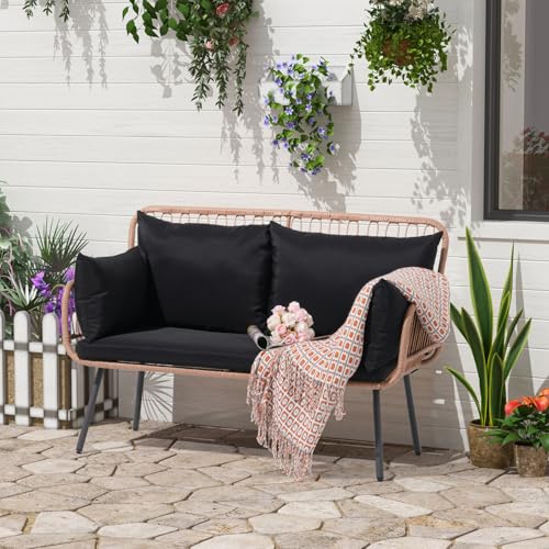 Verano Garden Patio Loveseat, Outdoor Balcony Furniture, Wicker Patio Set with Cushions & Pillows, Patio Furniture Couch for Porch, Backyard, Deck, Poolside (Black)