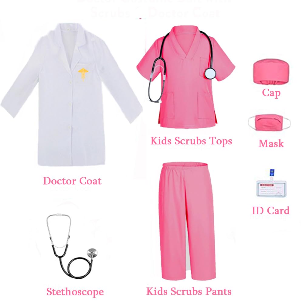 IDOTTA Doctor Costume Kit Pretend Play Dress-Up Set including Scrubs Pants Lab Coat Stethoscope ID Card For Kids Girls 3-10 Years - Image 3