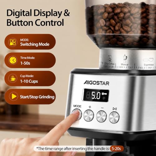Image of Aigostar Conical Burr Coffee Grinder Electric, Coffee Bean Grinders Automatic, Adjustable Burr Mill with 52 Precise Grind Setting, Burr Coffee Grinder for Espresso Drip Coffee and French Press, Black