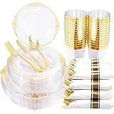 Hioasis 350PCS Clear Gold Plastic Plates - Gold Disposable Plates for 50 Guests Include 50 Dinner Plates, 50 Salad Plates, 150 Gold Plastic Silverware, 50 Cups, 50 Rolled Napkins for Wedding & Party