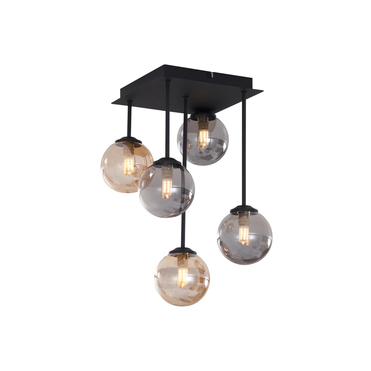 QAZQA - Moderne Deckenleuchte I Deckenlampe I Lampe I Leuchte Schwarz mit Bernstein- und Rauchglas 5-flammig - Athen I Wohnzimmer I Schlafzimmer - Metall Quadratisch I Kugel I Kugelförmig - LED geeign