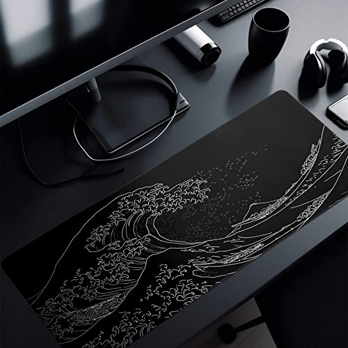Japanese Gaming Mouse Pad Abstract Black Mouse Pad 31.5x11.8 Inch Black Sea Wave Texture Non-Slip Rubber Base Large Ocean Mousepad Stitched Edges Keyboard Mouse Mat Desk Pad