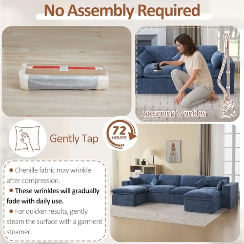 Image of 146''Cloud Boneless Sectional Couch, Modular Sectional Sofa Deep Seat with 2 Ottomans, Oversized Upholstered Convertible Comfy 6 Seater Chenille Sofa U Shape Couches for Living Room, Blue