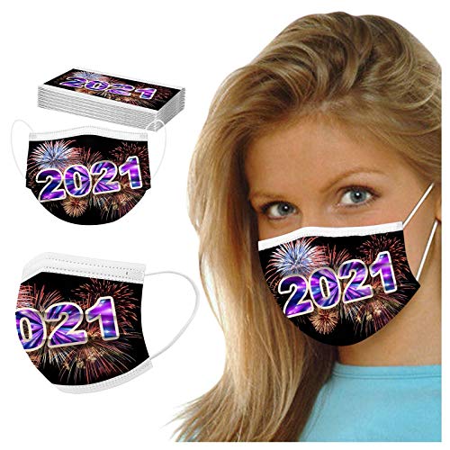 ZQP BEUU 20PCS 2021 Happy New Year Disposable Face_Covering for Adults,5-Types 3-ply Non-Woven Fabric with Elastic Earloops,Fireworks Camouflage Pattern, High Filtration and Ventilation Security - Image 3