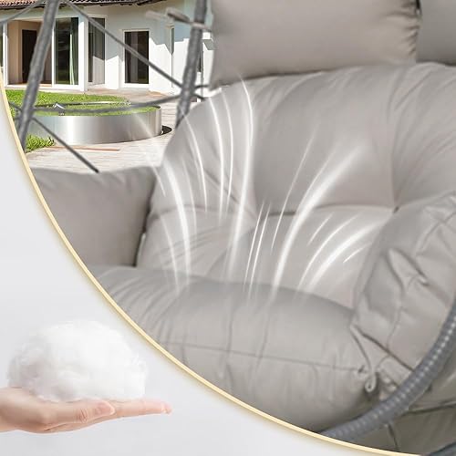 Miniatura 5 de Silla doble con soporte para patio con cojín para exteriores, impermeable, colgante, cesta de ratán de mimbre (color gris doble)