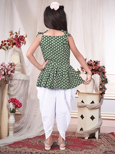 Image of Girls Ethnic Printed Peplum Top and White Dhoti Pant Set | Stylish Sleeveless Kurti with Comfortable Bottom | Traditional Festive Outfit for Kids