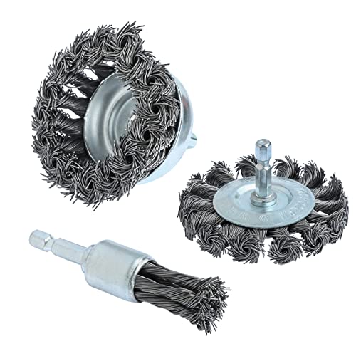 FPPO 3PCS 3 Inch Knotted Wire Wheel Cup Brush and Twist End Brush Set,1/4' Shank...