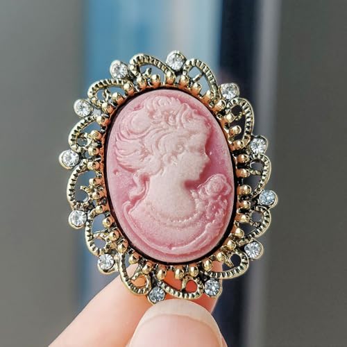 Image of Rhinestone Lady Portrait Statement Brooch for Women Vintage Cubic Zirconia Beauty Cameo Lapel Pin Beautiful Crystal Figure Round Brooch Jewelry Gifts
