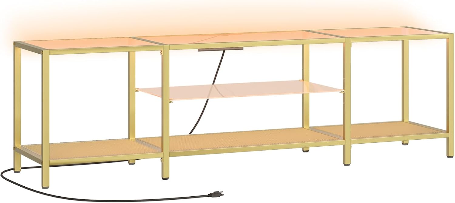 HOOBRO TV Stand with LED Lights and Power Outlets for TVs up to 75", Modern 70.9 Inch Tempered Glass TV Console Table with Open Shelves, Media Entertainment Center for Living Room, Gold GD185UDS01 10
