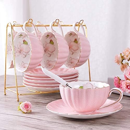 Coffee Cup Coffee Saucer Set British Style High-Grade Bone China Coffee Cup Pastoral Afternoon Tea Ceramic Tea Black Tea Cup Dish Spoon Pumpkin Cup Pink Roma Coffee Saucer Set