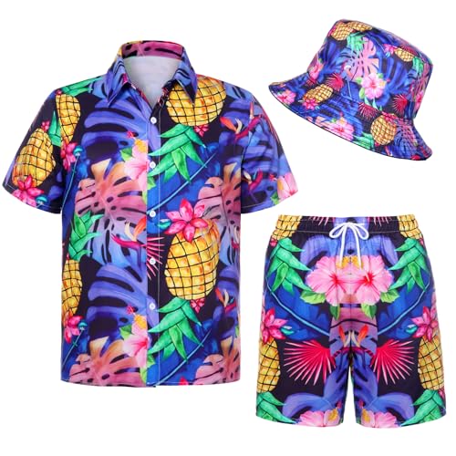 Apparlxer Hawaii Hemd Männer 3Pcs Herren Hawaiihemd Set mit Casual Freizeit Flamingo Blumenmuster Kurzarmhemd Shorts Fischerhut (Lila M)