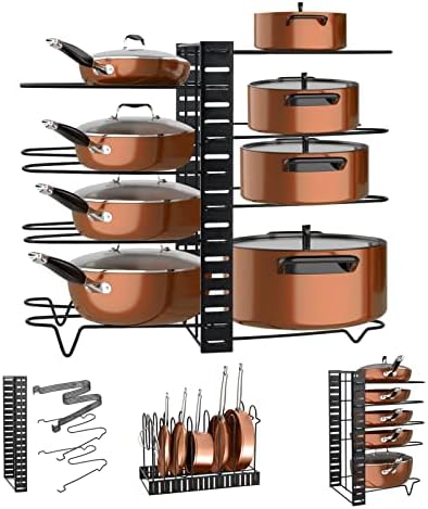 AllRight Pot Rack Organizer Adjustable Pan Rack Holder Stand Organiser with 8 Dividers Storage Rack Detachable Pot Lid Organizer Rack with 3 DIY Methods for Kitchen Pantry Cabinet Bakeware Lid Black