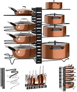 AllRight Pot Rack Organizer Adjustable Pan Rack Holder Stand Organiser with 8 Dividers Storage Rack Detachable Pot Lid Organizer Rack with 3 DIY Methods for Kitchen Pantry Cabinet Bakeware Lid Black