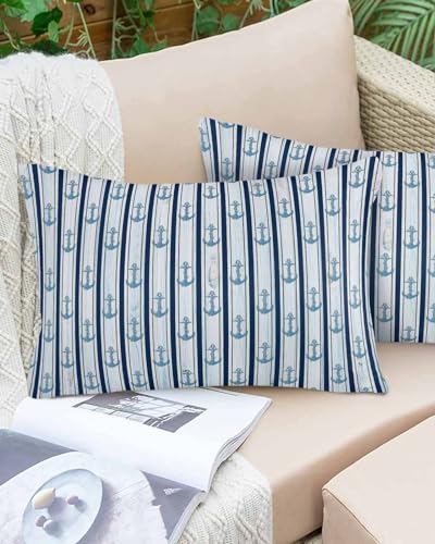 Boanket Lumbar Pillow Covers 12 x 20 Inches, Navy Blue Anchor Nautical Waterproof Throw Pillow Cover Set of 2, Blue Coastal Ocean Home Decorative Rectangle Cushion Covers for Patio/Tent/Couch/Garden