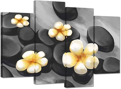 iHAPPYWALL - Lienzo decorativo de 4 paneles color blanco y negro con flores frangipani amarillas piedras zen balneario vida muerta lienzo estirado y