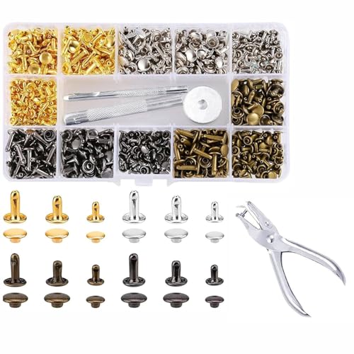Ledernieten 360 Set Leder Nieten Doppelkappe Rivet 3 Größen Nieten für Leder Metallnieten Set Doppelkappe Nieten Set mit 3 Stück Fixierung Werkzeug Hohlnieten für DIY Lederhandwerk Kleidung Dekoration