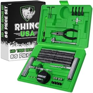 Rhino USA Tire Repair Kit (86-Piece) Professional Heavy Duty Tire Plug Kit to Fix Punctures & Patch Flats with Ease – Ultimate Tubeless Tire Repair Tools for Car, Motorcycle, ATV, UTV, RV and Trailer