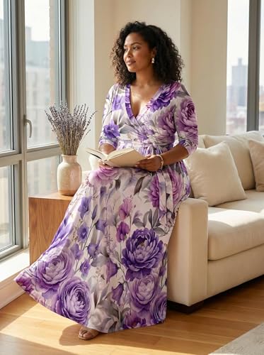 Image of SUZONANA Plus Size Dresses for Women Floral Print Maxi Dress Flowy 3 /4 Sleeve with Belt
