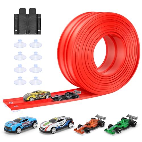 KETIEE Flexible Autorennbahn 5M Inklusive 4 Autos, Rennstrecke Auto Rennbahn Spielzeug Autobahn Kinder Rollt Auf Tragbare Dual Rennstrecke Rampen für 1/64th Autos für Alter 3+