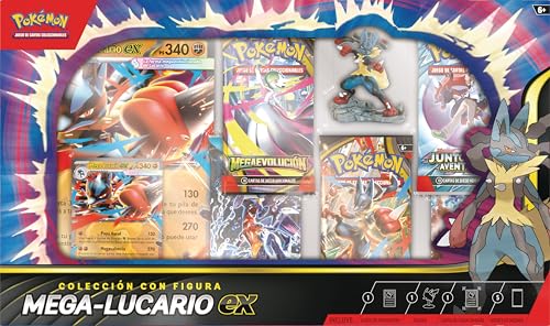 Pokémon: Colección con Figura Mega-Lucario ex de JCC Pokémon (1 Carta holográfica de promoción grabada en Relieve, 1 Carta de promoción de Gran tamaño, 5 Sobres de Mejora y 1 Figura de Mega-Lucario)