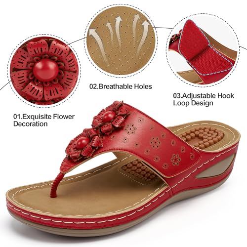 Image of Ecetana Womens Wedge Flip Flops: Orthopedic Cushion Non Slip Sandals - Comfortable Walking for All Day - Stylish Flower Adjustable Thong Sandals for Summer Casual Outing