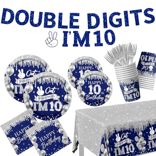 10 Year Old Birthday Decorations Tableware,142pcs Navy Blue and Sliver Double Digits Birthday Plates and Napkins Cups Tablecloth for Boys 10th Boy Party Decorations