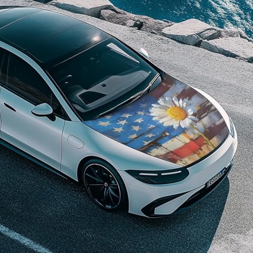 Image of Daisy American Flag Car Hood Cover, Removable Watercolor American Flag Flower Automotive Exterior Accessories Washable Elastic Car Bonnet All-Season Protection