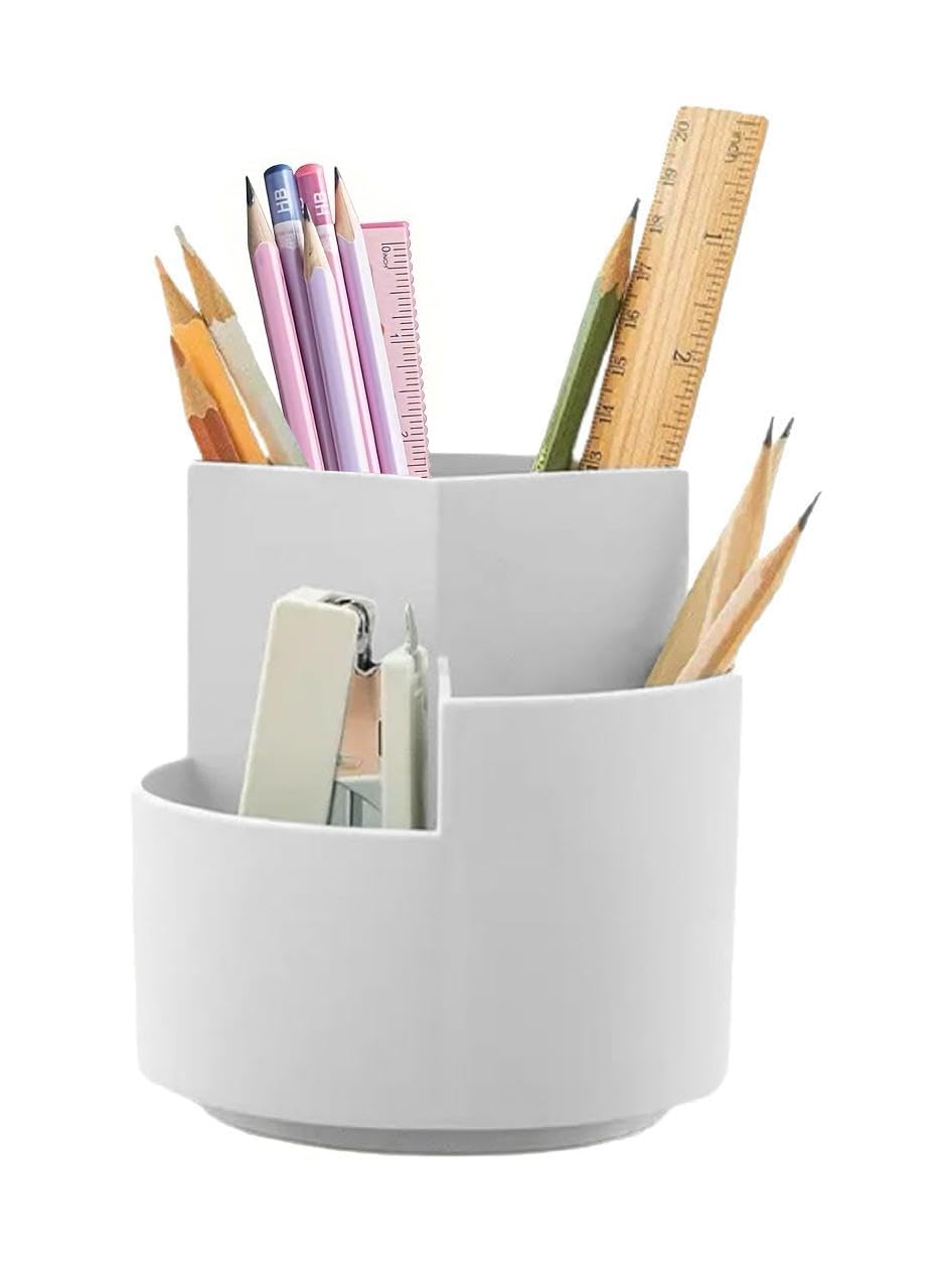 AccuPrints Pen & Pencil Holders and Stationery Organiser Holder I 3 Compartment Plastic Case Holder I Multi-Functional Storage & Display Stand for Home, Office Table Accessories Parent (White)