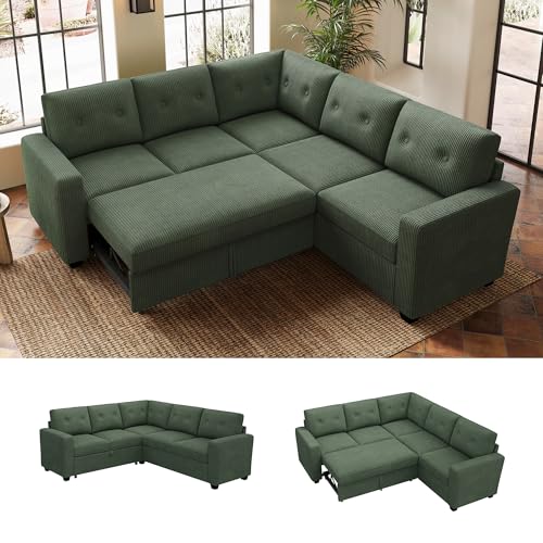 Image of HONBAY 5-Seater U-Shaped Sectional Sleeper Sofa with Pull-Out Bed, Corduroy Sectional Sofa for Living Room, Green