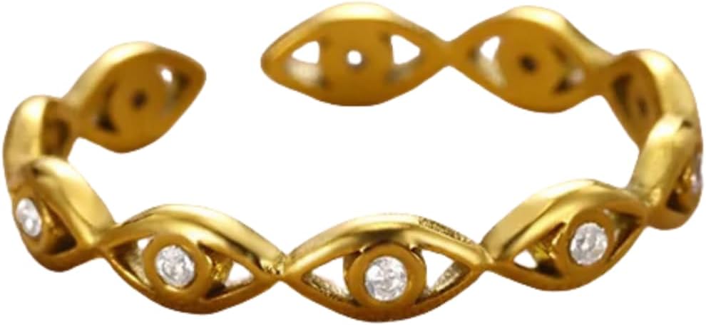 Evil Eye Ring For Women, Cubic Zirconia Gold Stainless Steel Ring Green White Eyes Boho Adjustable Trendy Gold Plated Open Birthday Stackable Jewelry Gift - Image 5