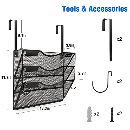 Bohdk Wall File Organizer, 3 Tire Hanging File Folder Organizer, Vertical Mesh Metal Door/Wall Mount Hanging File Holder. Paper Document Magazine Rack With Hooks For Home Office Black #TOP5