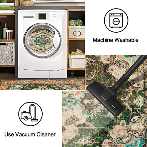 Hoxcik Bohemian Washable Hallway Runner Rug,2'X8' Green Medallion Area Rug Non-Slip Rug For Bedroom Living Room Kitchen Laundry Bathroom #TOP3