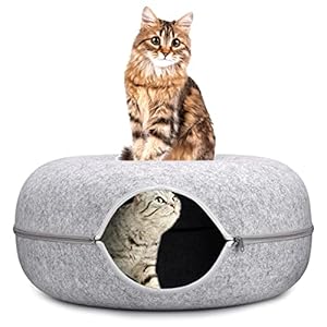 Kattenbed, kattengrot, mand voor katten, afneembaar tunnelspeelgoed, kan worden gebruikt als kattenbed of kattenspeelgoed, kattennest met rond ontwerp, donut-kattenbed van hard, ademend vilt (L)