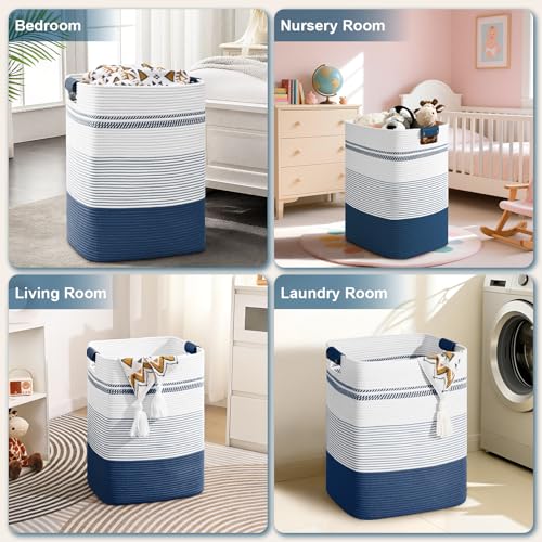 Image of Laundry Hamper, 95L Tall Laundry Basket with Leather Handles, Rectangle Large Clothes Hamper for Organizing, Cotton Woven Laundry Baskets Storage Hampers for Bedroom, Nursery, Living Room
