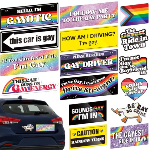 Image of Yoppix 16PCS Funny Gay Pride Car Magnet, LGBT Rainbow Pride Prank Magnetic Bumper Sticker for LGBT Parade Decor, Truck, or Fridge