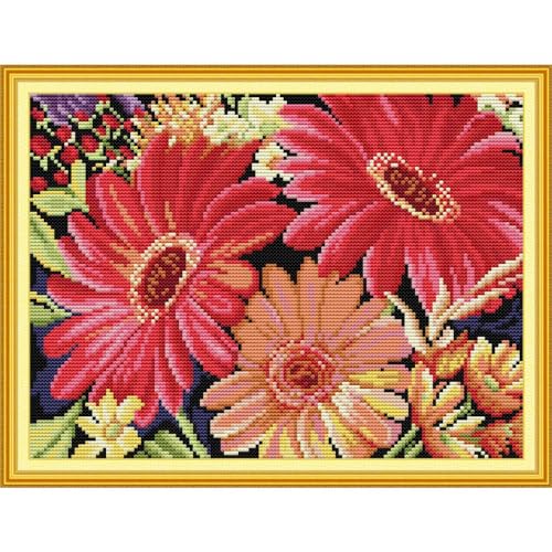 Image of Stamped Cross Stitch Kits Full Range of Embroidery Patterns 11CT 3 Strands DMC Printed Cross-Stitch Kits for Adults Beginner -Showy Gerbera 16.5x13 inch