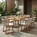 Christopher Knight Home 7 Piece Outdoor Dining Set, 71" Acacia Wood Patio Table with 6 Light Brown Wicker Chairs and Beige Cushions, Teak Finish Dining Table Set for Backyard Garden Porch Deck