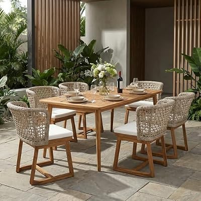 Christopher Knight Home 7 Piece Outdoor Dining Set, 71" Acacia Wood Patio Table with 6 Light Brown Wicker Chairs and Beige Cushions, Teak Finish Dining Table Set for Backyard Garden Porch Deck