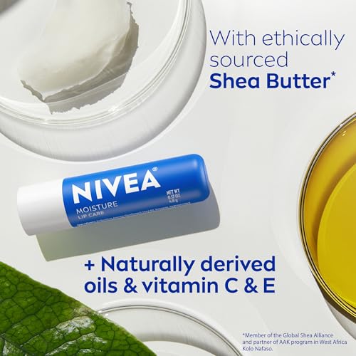 NIVEA Moisture Lip Care, Hydrating Lip Balm with Shea Butter, Nourishing Oils and Vitamin C & E, 3-in-1 Moisture, Repair and Nourish, 0.17 Oz Stick, Pack of 4 - Image 6