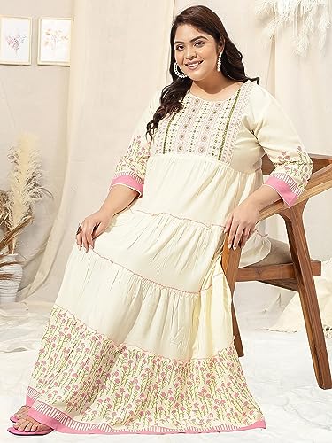 Image of MIRCHI FASHION Women Cotton Regular Plus Size Embroidered Printed Anarkali Kurti