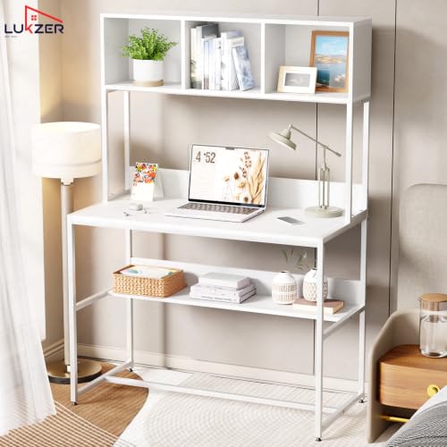Image of Lukzer Wooden Study Table with Bookshelf & Hutch (MST-011 /White & White) Engineered Wood & Metal Office Desk with 3 Storage Shelf for Home | DIY Writing & Computer Table for Laptop /PC (150x103x50 cm)