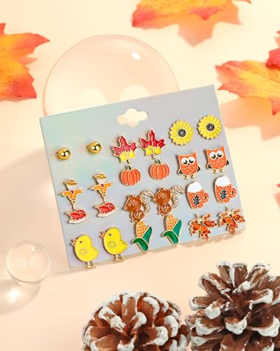 12 Pairs Hypoallergenic Fall Thanksgiving Earrings Set for Women Girls Pumpkin Maple Leaf Turkey Corn Squirrel Sunflower Stud Earrings for Teen Girls Fall Jewelry Autumn Earrings Thanksgiving Gifts3
