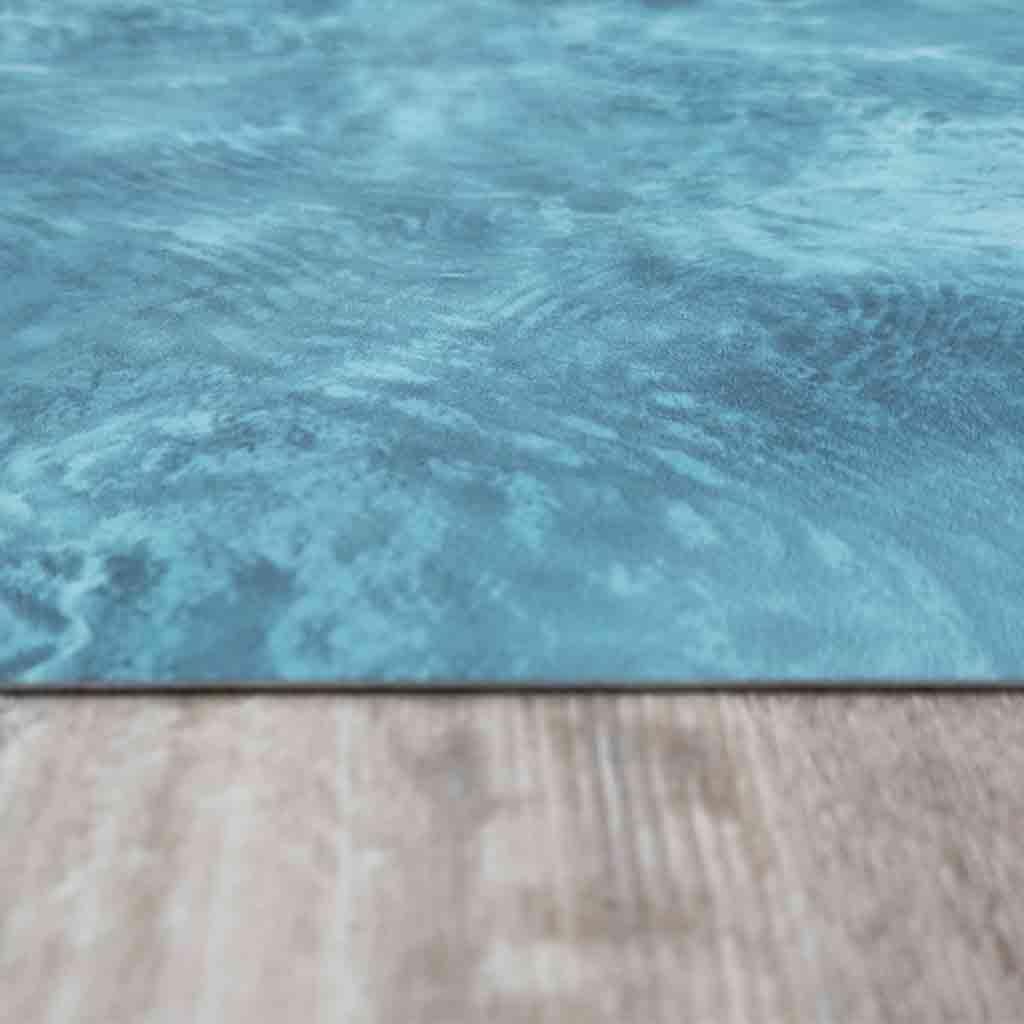 Tapis en vinyle PVC au design numérique bord de mer pour salon, cuisine, salon, entrée, salle de bain ou chambre avec envers PVC antidérapant et facile à laver, couleurs bleu turquoise