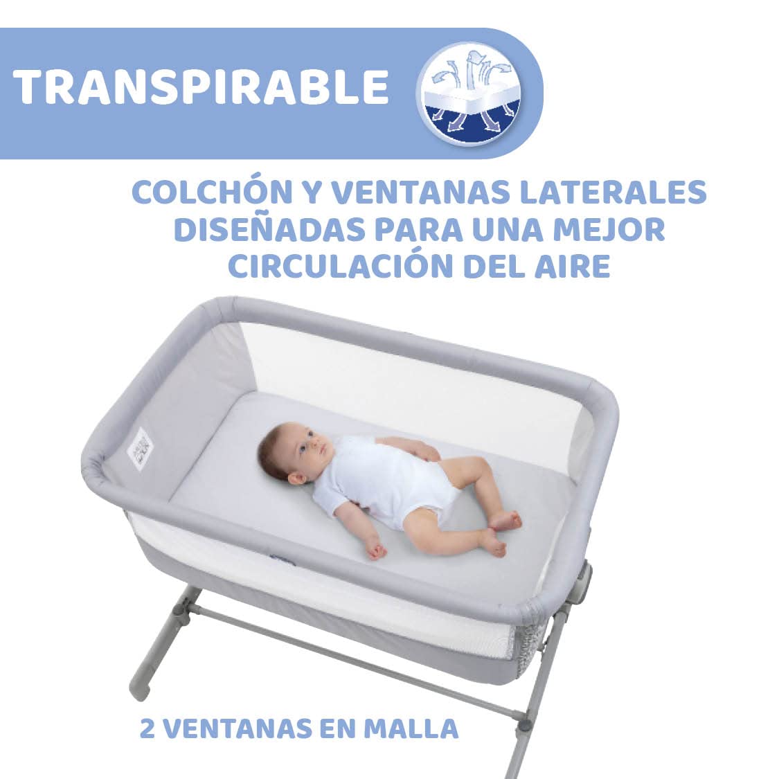 Chicco Next2Me Go, Cuna Colecho Bebé, Compatible con Varias Camas, Altura Ajustable, Buena Circulación de Aire, Cuna de Viaje, Gris Claro