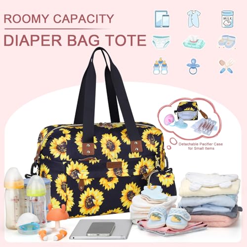 Image of Pritent Diaper Bag Tote - Diaper Baby Bags with Pacifier Case, Shoulder Straps, Stroller Clips, Waterproof Large Mommy Maternity Travel Baby Bag for Mom and Dad, Sunflower, Medium