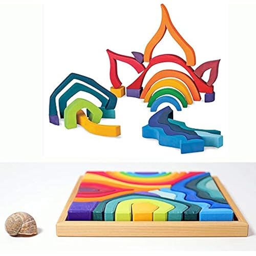 'Four Elements' Rainbow X-Large Rainbow Blocks, Wooden Toys for Kids, Geometric Building Puzzle, Volcano/House Educational Set