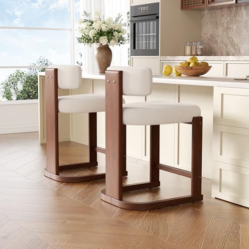 Image of Bar Stools Set of 2, Upholstered Counter Height Bar Stools, Mid Century Modern Counter Stools with Curved Backrest, Solid Wood Legs, 26 inch Bar Chairs for Kitchen Island Bar, Beige