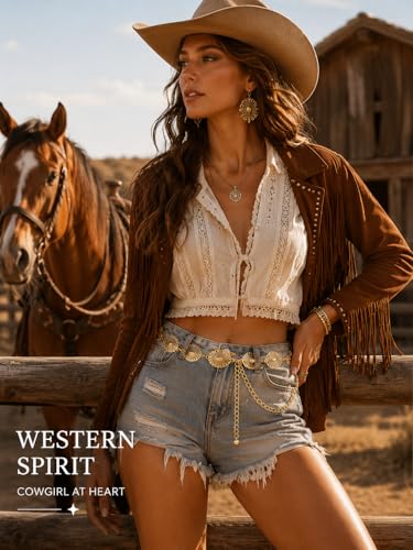 Image of FIORETTO Western Waist Chain Belt Metal Concho Belt for Women Cowgirl Cowboy Boho Country Belt for Dress Jean