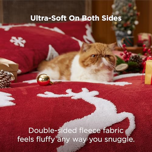 Image of Bedsure Fluffy Christmas Comforter Set King - Red Bedding with Running Reindeer, Warm Flannel Fleece Bed Sets for Winter, 3 Pieces, 1 Soft Plush Shaggy Comforter with 2 Pillowcases | Bed in a Bag, Comforters, Bedroom, Flannel Fleece Bedding with Running Reindeer Pattern, Soft Plush Shaggy Set, Easy Care