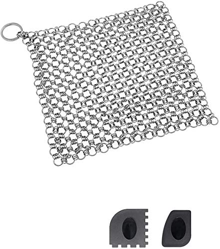 New Arrivals Cast Iron Cleaner Scrubber,8"x6" Premium 316L Stainless Steel Chainmail Scrubber with Pan Scrapers for Skillets Grill Pans-Hushtong